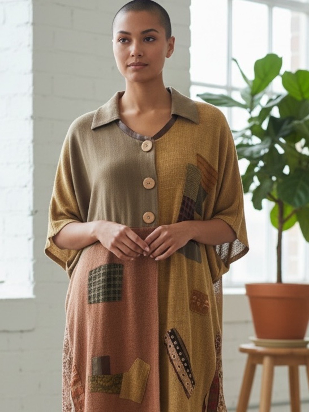 90s DONNA JESSICA BOHO NEUTRAL OVERSIZED PATCHWORK JACKET COVERUP FUNKY BUTTONS